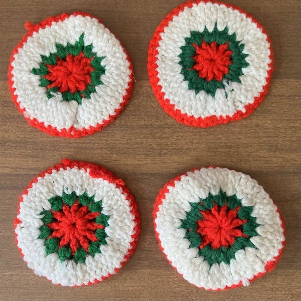 Vintage Handmade Crochet Coasters Christmas Decor Grannycore cottagecore